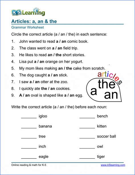 Articles Worksheets A An And The K5 Learning Grammar Worksheets For Grade 1 - Grammar Worksheets For Grade 1