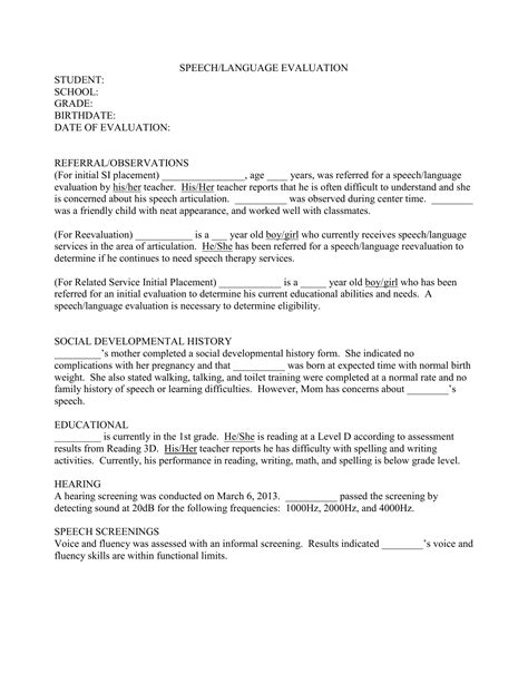Articulation Evaluation Report Sample
