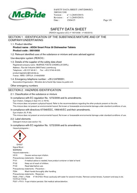 Asda Coshh Data Sheets