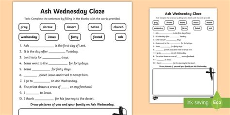 Ash Wednesday Cloze Worksheet Easy To Print Twinkl Ash Wednesday Worksheet - Ash Wednesday Worksheet