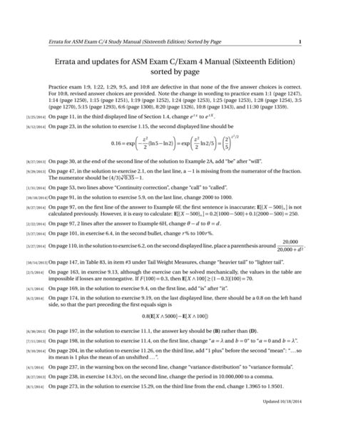 Asm Exam C Errata 16th Edition