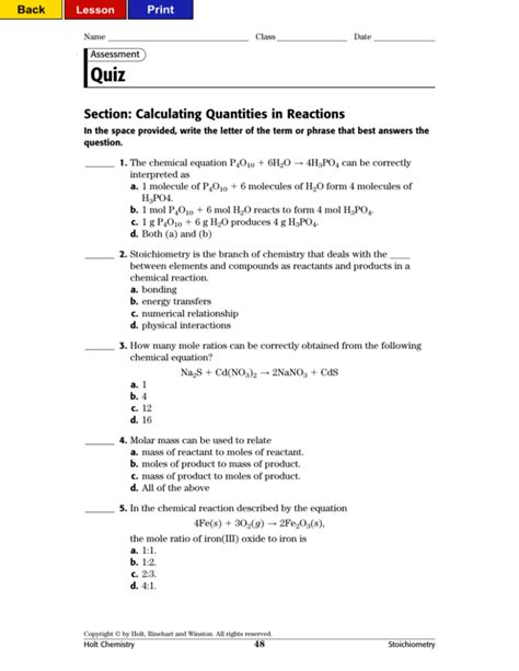 Assessment Quiz Section Calculating Quantities In Reactions
