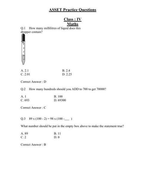 Read Online Asset Exams Class 4 Sample Papers 