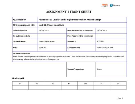 Assignment 1 Front Sheet Qualification Btec Level 5 Hnd Diploma In Computing Unit Number And Title Submission Date