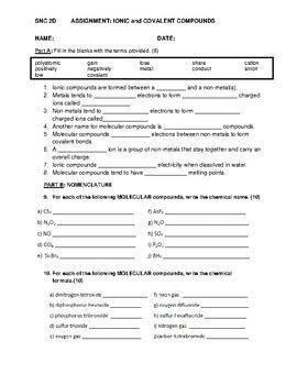 Assignment On Ionic And Covalent Compounds Sss Chemistry