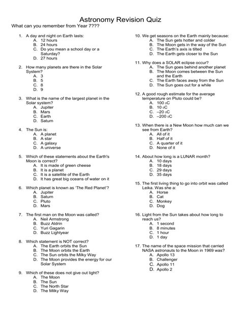 Astronomy Test Answers