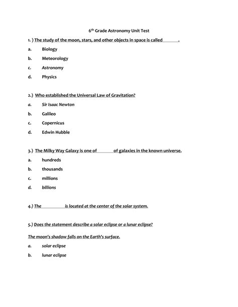 Download Astronomy Unit Test Study Guide 6Th Grade 