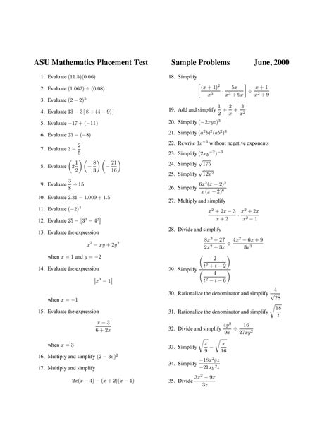 Asu Math Placement Test Practice
