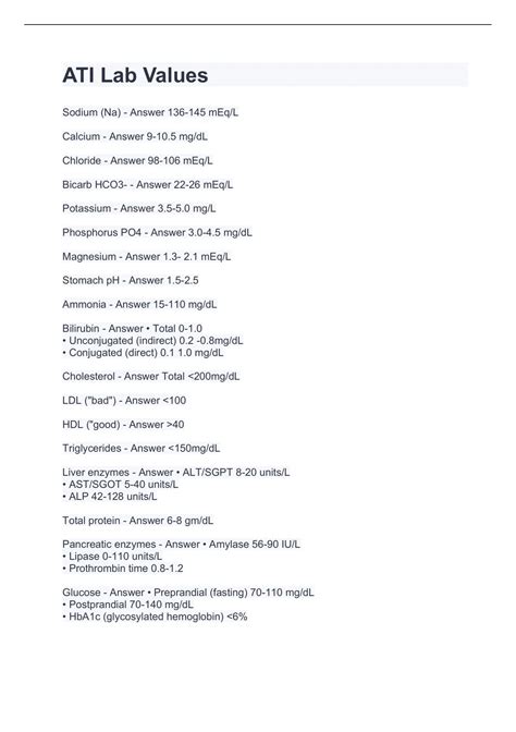 Ati Lab Values 2022