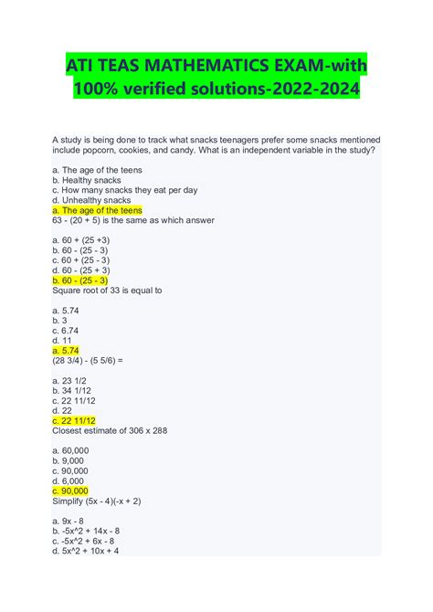 Ati Teas Math Questions