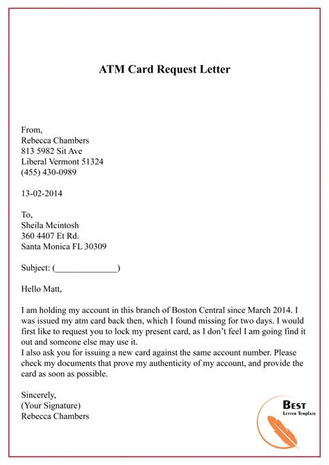 atm card pin request letter format
