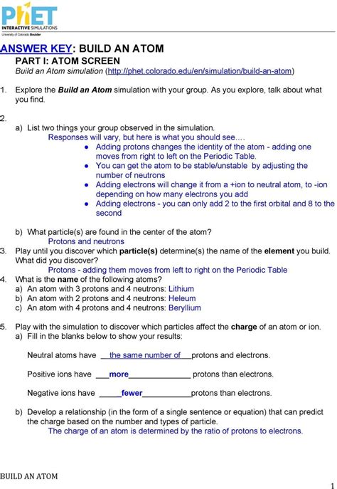 Atom Building Activity Answer Key