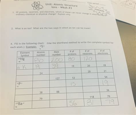 Atomic Structure Exercise 3 Answers