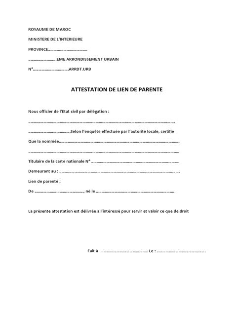 Attestation De Lien De Parente