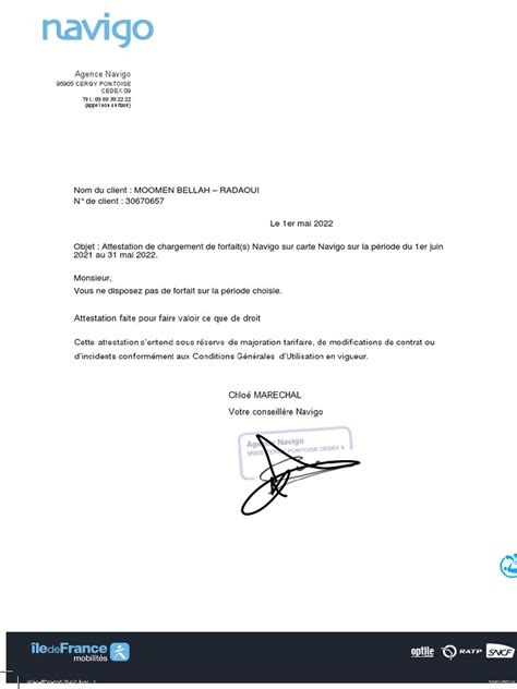 Attestation Navigo Annuel