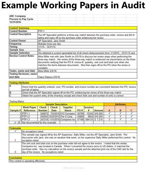 Download Auditing Working Papers Sample 