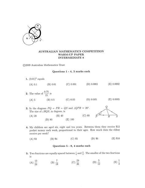 australian mathematics competition form 3 papers