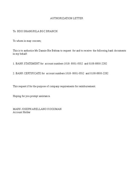 Authorization Letter Bdo