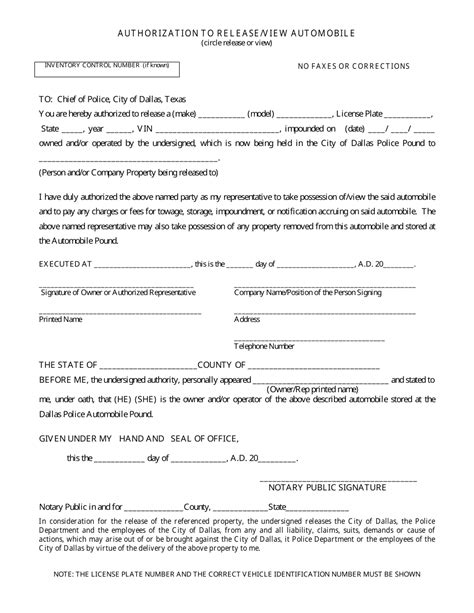 authorization to release view automobile