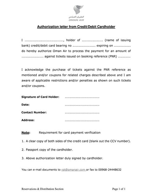 Read Online Authorization Letter From Credit Debit Cardholder Oman Air 