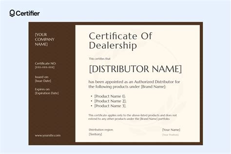 authorized dealer certificate template