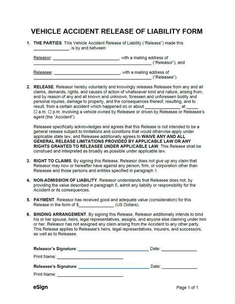 auto repair accident liability release form