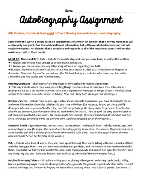 autobiography assignments 6th grade