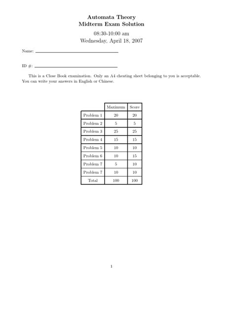 Automata Theory Midterm Exam Solution 08 30 10 00 Am