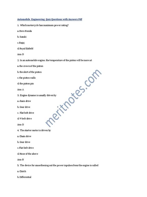 automobile quiz questions and answers pdf download
