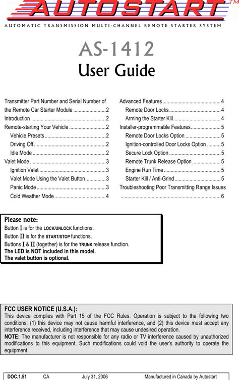 Full Download Autostart Remote Car Starter User Guide 