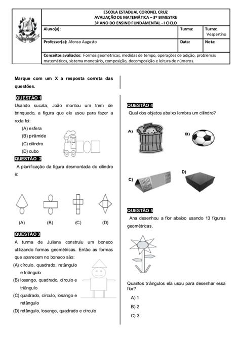 Avaliação De Matematica 3 Ano