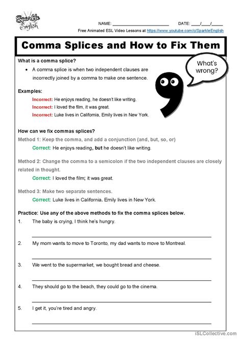 Avoiding Comma Splices Punctuation Worksheet Comma Splice Worksheet Grade 3 - Comma Splice Worksheet Grade 3
