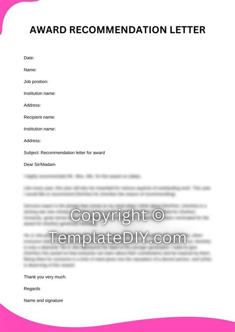 Award Recommendation Letter Sample