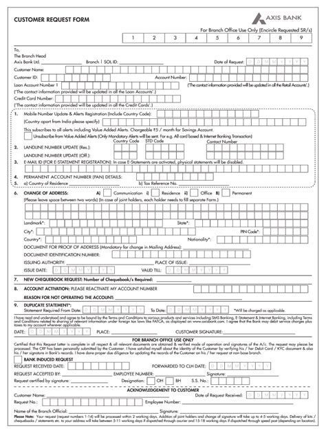Axis Bank Customer Request Form