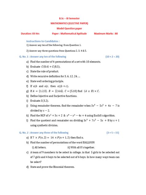 B Sc Mathematics Model Question Paper Pattern