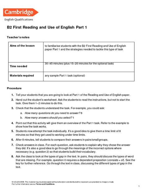 B2 First Reading And Use Of English Answer Sheet