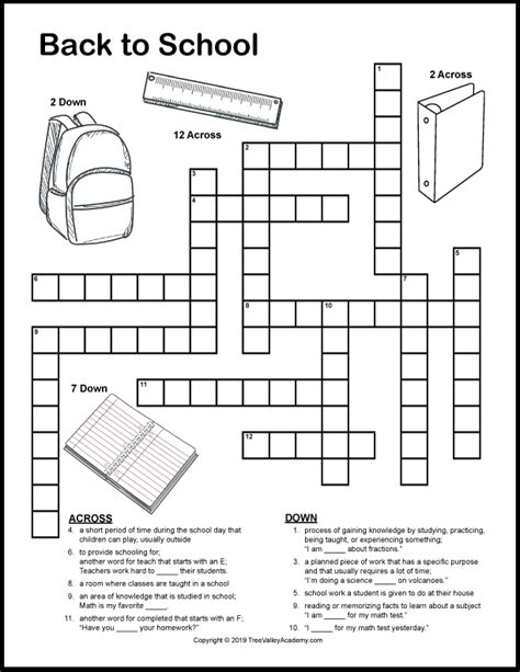 Back To School Crossword Puzzles Tree Valley Academy 2nd Grade Crossword Puzzles - 2nd Grade Crossword Puzzles