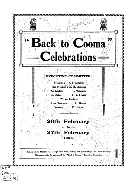 Read Back To Cooma Celebrations 20Th February To 27Th February 1926 