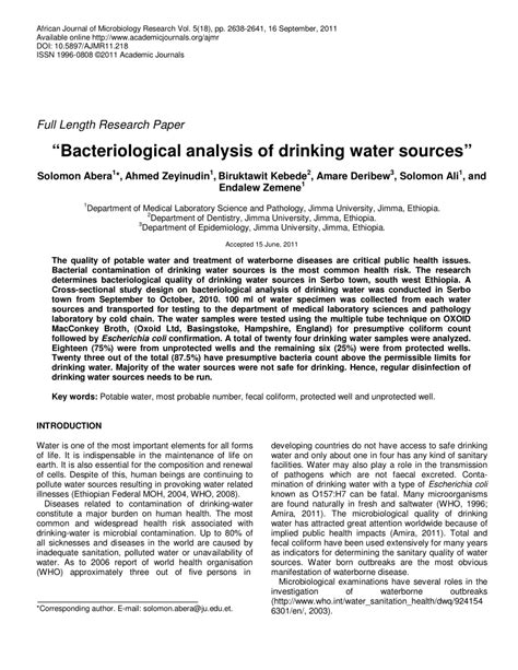 Bacteriological Quality Analysis Of Drinking Water Of