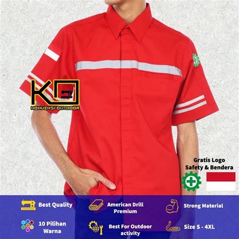 Baju Safety K3  Jual Lengan Pendek Navy Kombinasi Garis Merah Kancing - Baju Safety K3