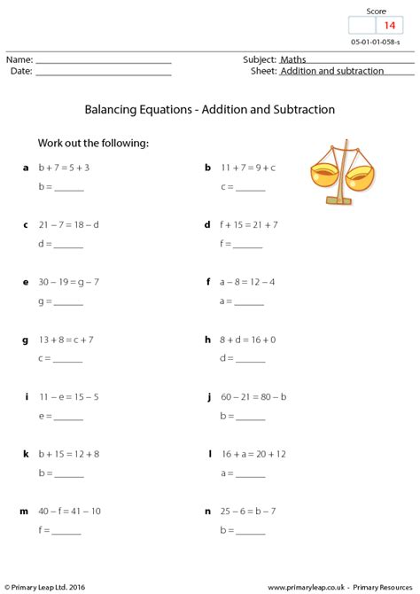 Balance When Adding And Subtracting Subtraction Equations - Subtraction Equations