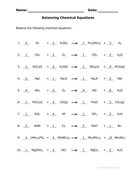 balancing chemical equations answer keys