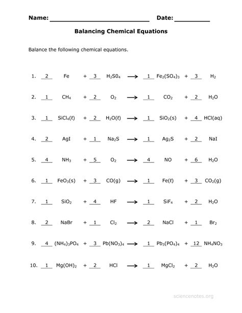 balancing chemical equations review answer key
