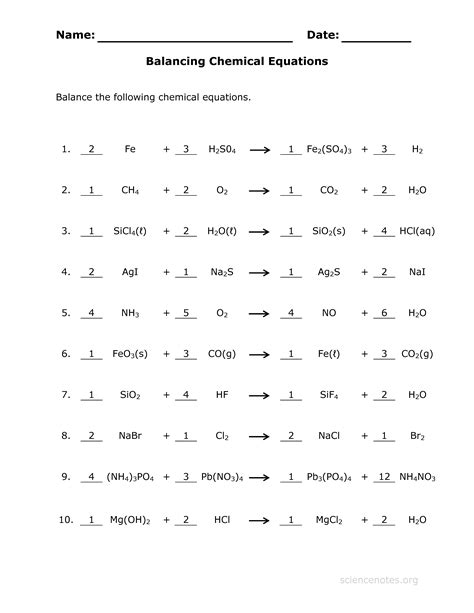balancing equations formula given answer key
