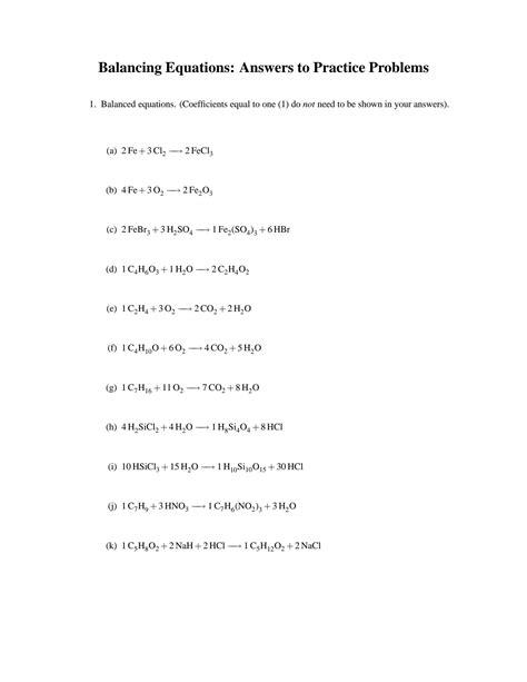 Balancing Equations Practice Problems Answer Key