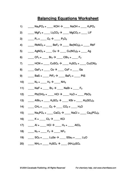 Balancing Equations Practice Worksheet Answers