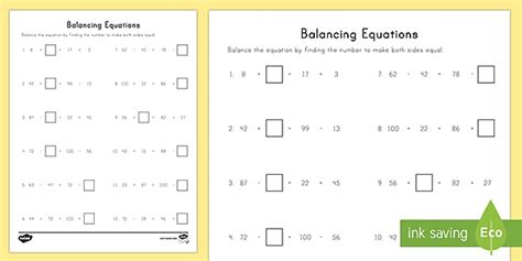 Balancing Equations Using Missing Numbers Worksheet Pdf Twinkl Number Balance Worksheet - Number Balance Worksheet