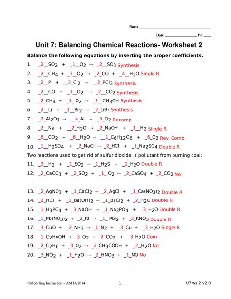 balancing equations worksheet 2 answer key