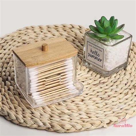 bamboo lid cotton swab storage box transparent portable overlay …