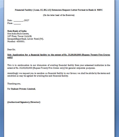bank facility return letter format